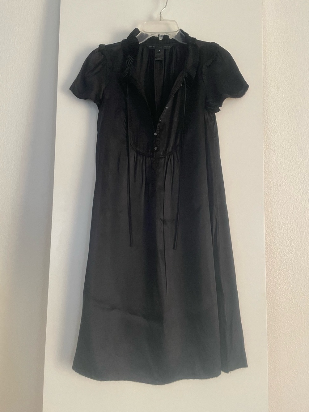 Marc by Marc Jacob's Black Satin Ruffled Neck Dress-Classic Empire Waist